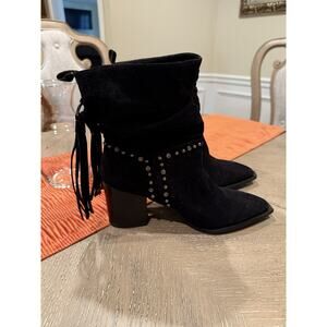 Venus Black Suede Studded Tassel Block Heel Boots Size 10